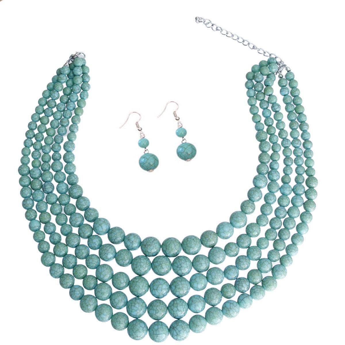 Turquoise Stone-simulated Pearl Beads Necklace Earrings Set