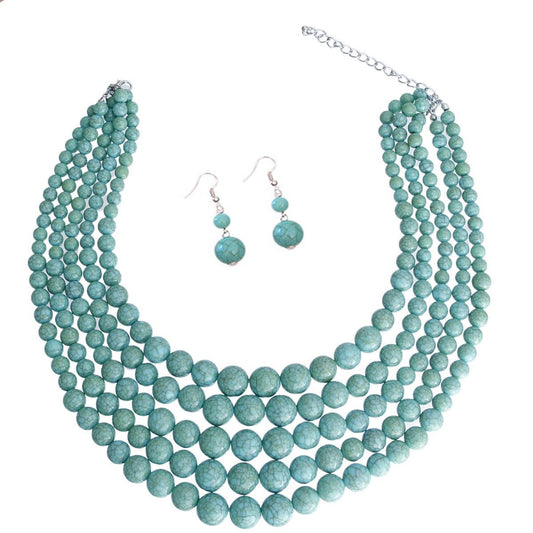 Turquoise Stone-simulated Pearl Beads Necklace Earrings Set