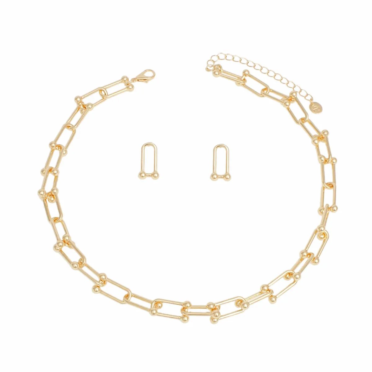 Gold Gauge Link Necklace & Matching Stud Earrings Set - Elegant Minimalist Fashion Jewelry