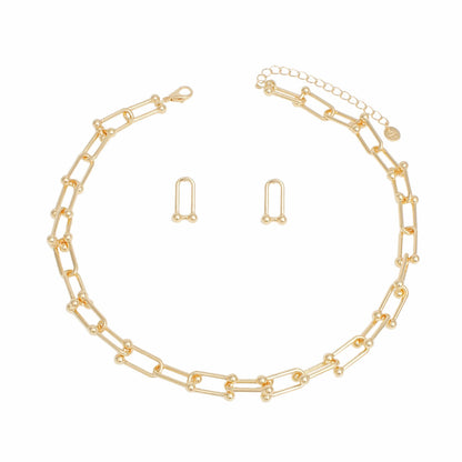 Gold Gauge Link Necklace & Matching Stud Earrings Set - Elegant Minimalist Fashion Jewelry Pinktown