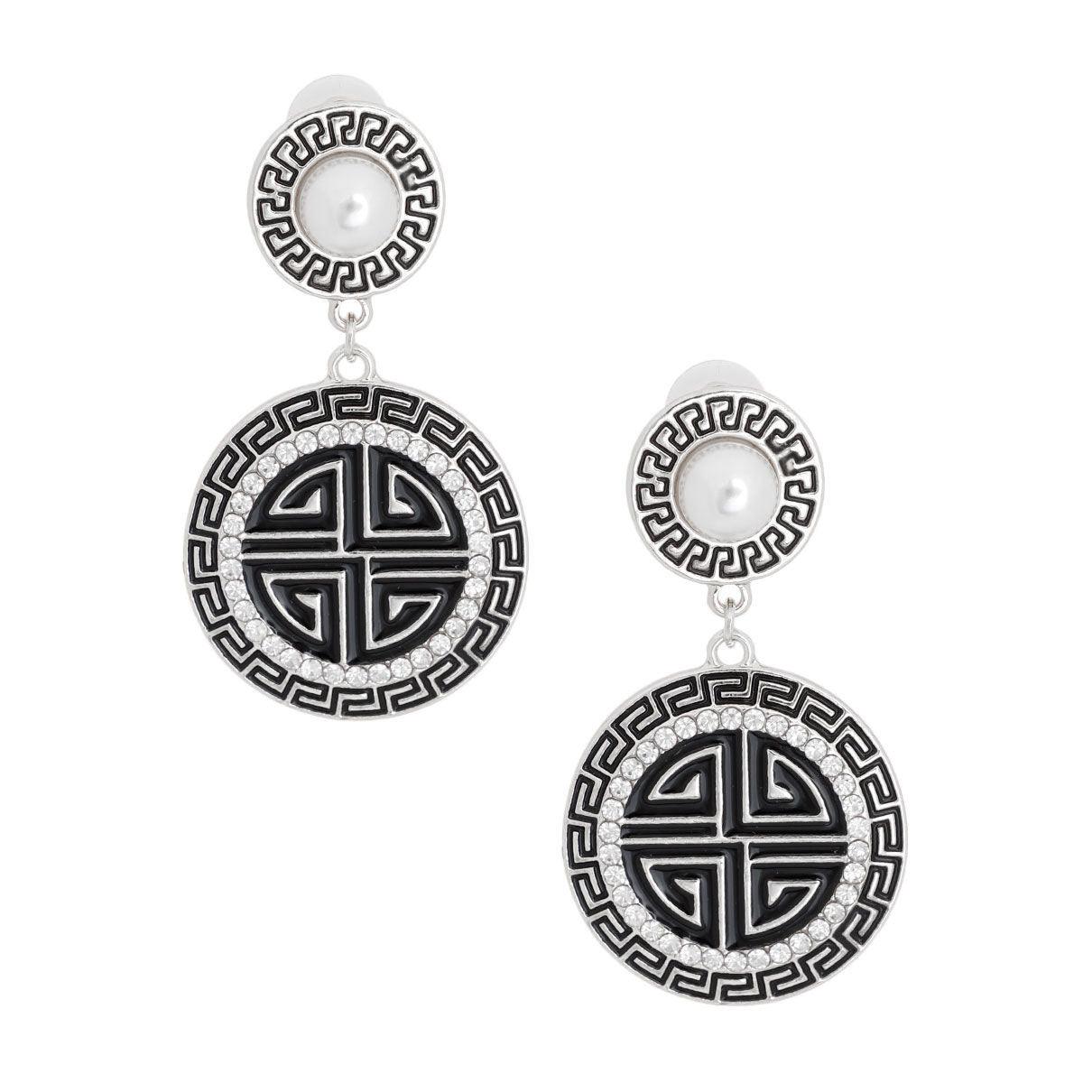 Two-Tone Greek Key Medallion Earrings Black