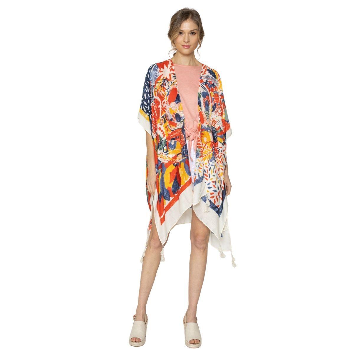 Upgrade Your Style with Our Vibrant Multicolor Bold Print Kimono Coverup Top