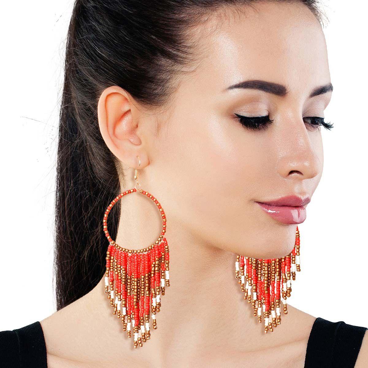 Upgrade Your Style with Stunning Red & Gold Bead Fringe Earrings