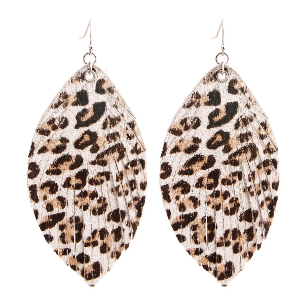 Genuine Leather White Leopard Feather Earrings - Statement Drop Design