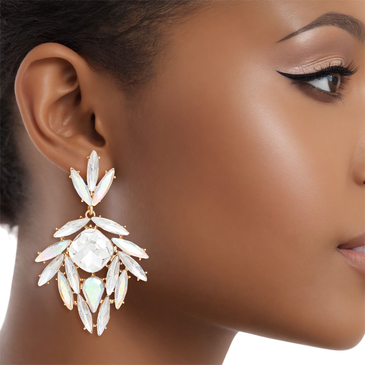 Aurora Borealis Crystal Drop Earrings Gold Tone Marquise Statement