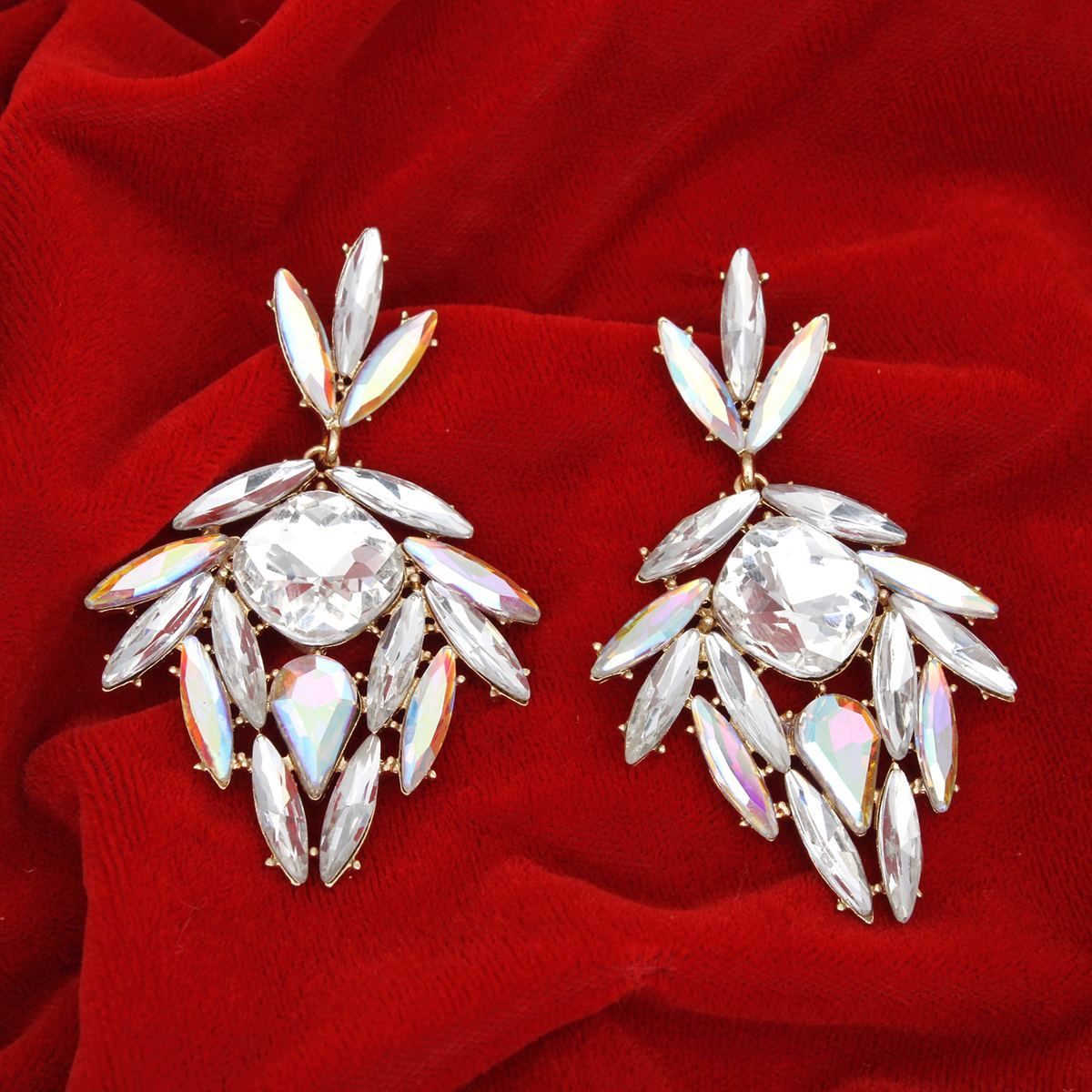 Aurora Borealis Crystal Drop Earrings Gold Tone Marquise Statement