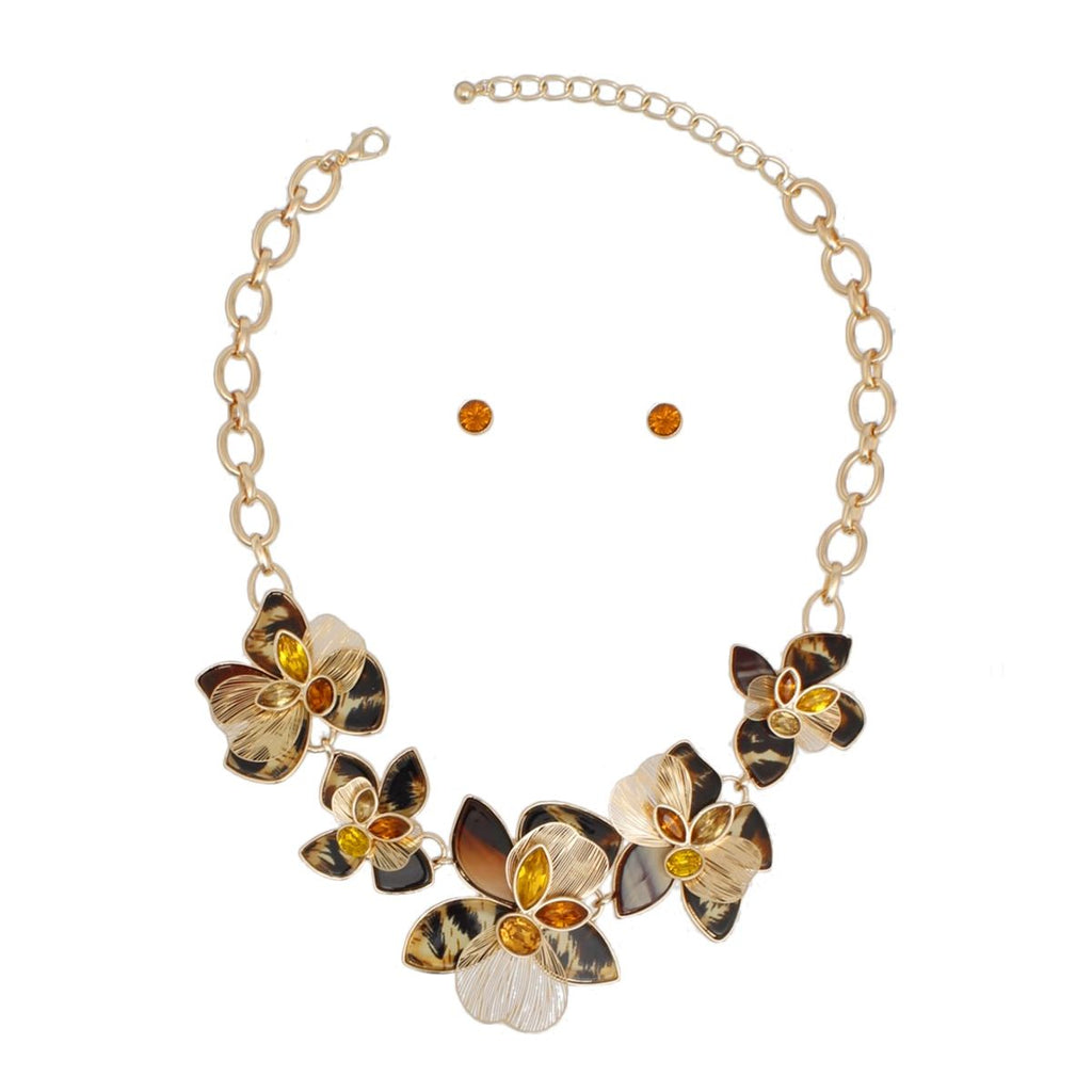 Artisan Gold Floral Chain Necklace with Amber Crystal, Statement Flowers
