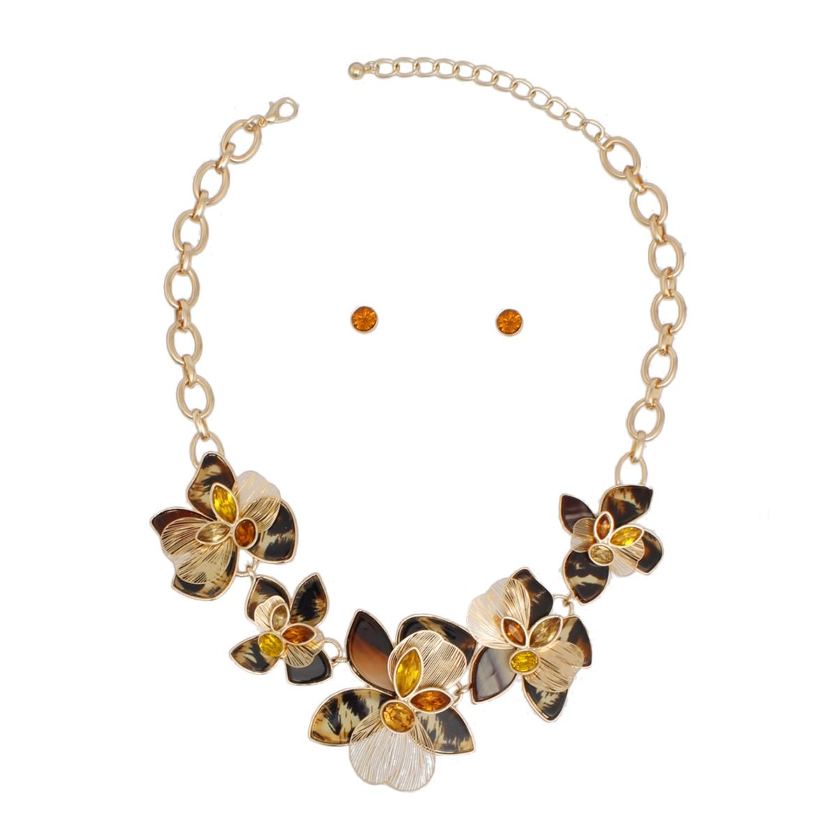 Artisan Gold Floral Chain Necklace with Amber Crystal, Statement Flowers