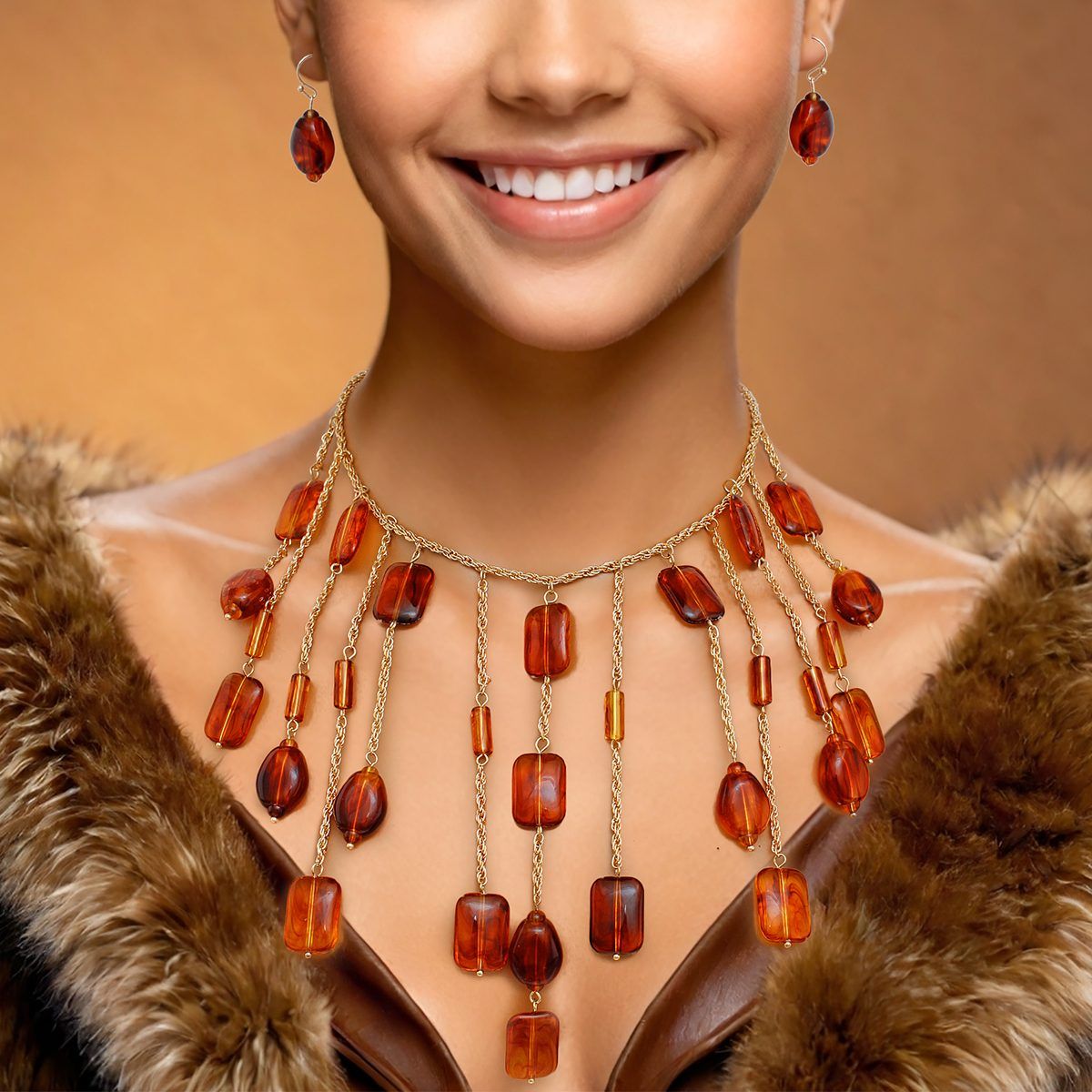 Faux Amber Drop Bib Necklace, Caramel Brown Swirl Beads, Statement Set