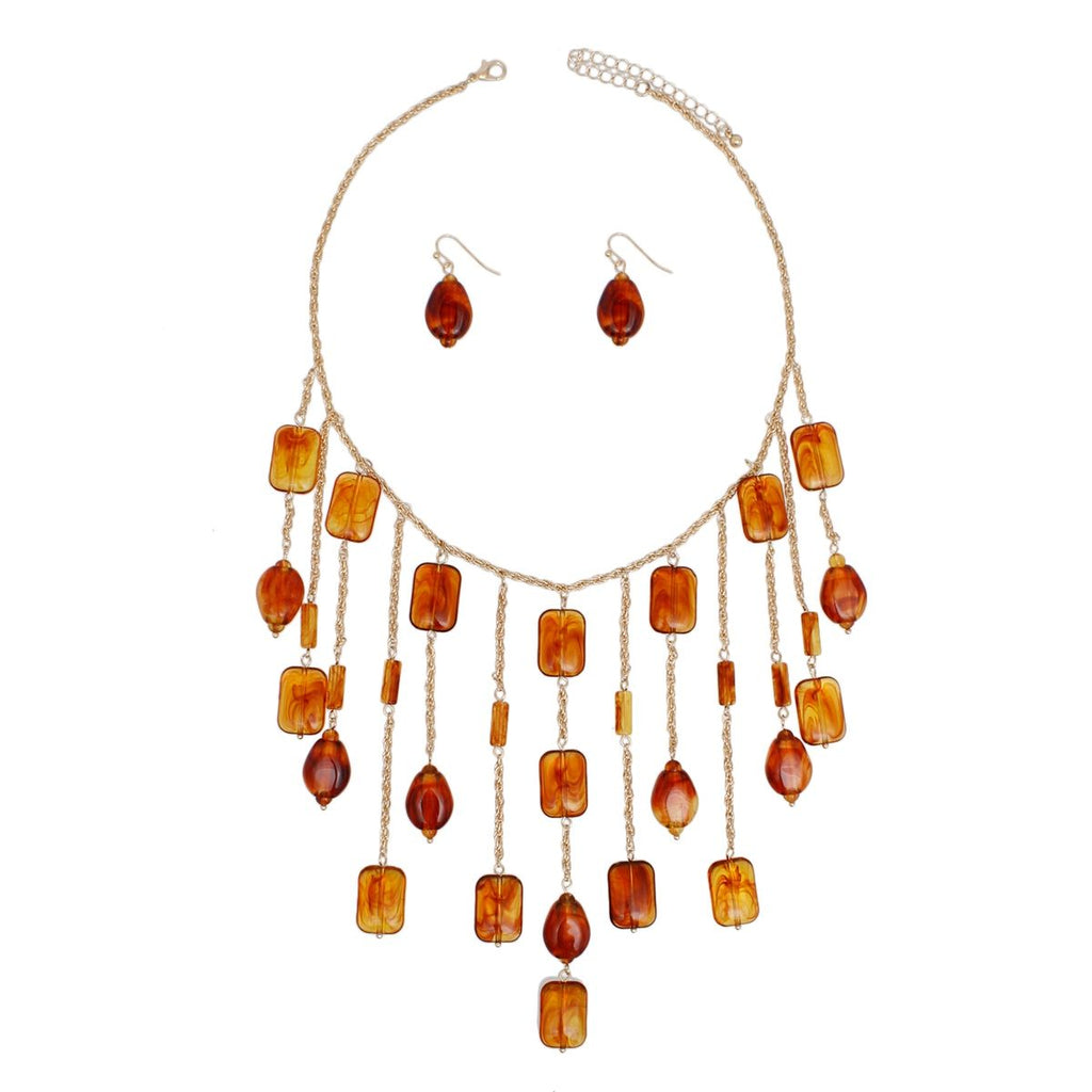 Faux Amber Drop Bib Necklace, Caramel Brown Swirl Beads, Statement Set