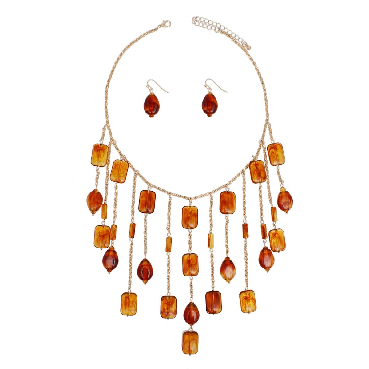 Faux Amber Drop Bib Necklace, Caramel Brown Swirl Beads, Statement Set