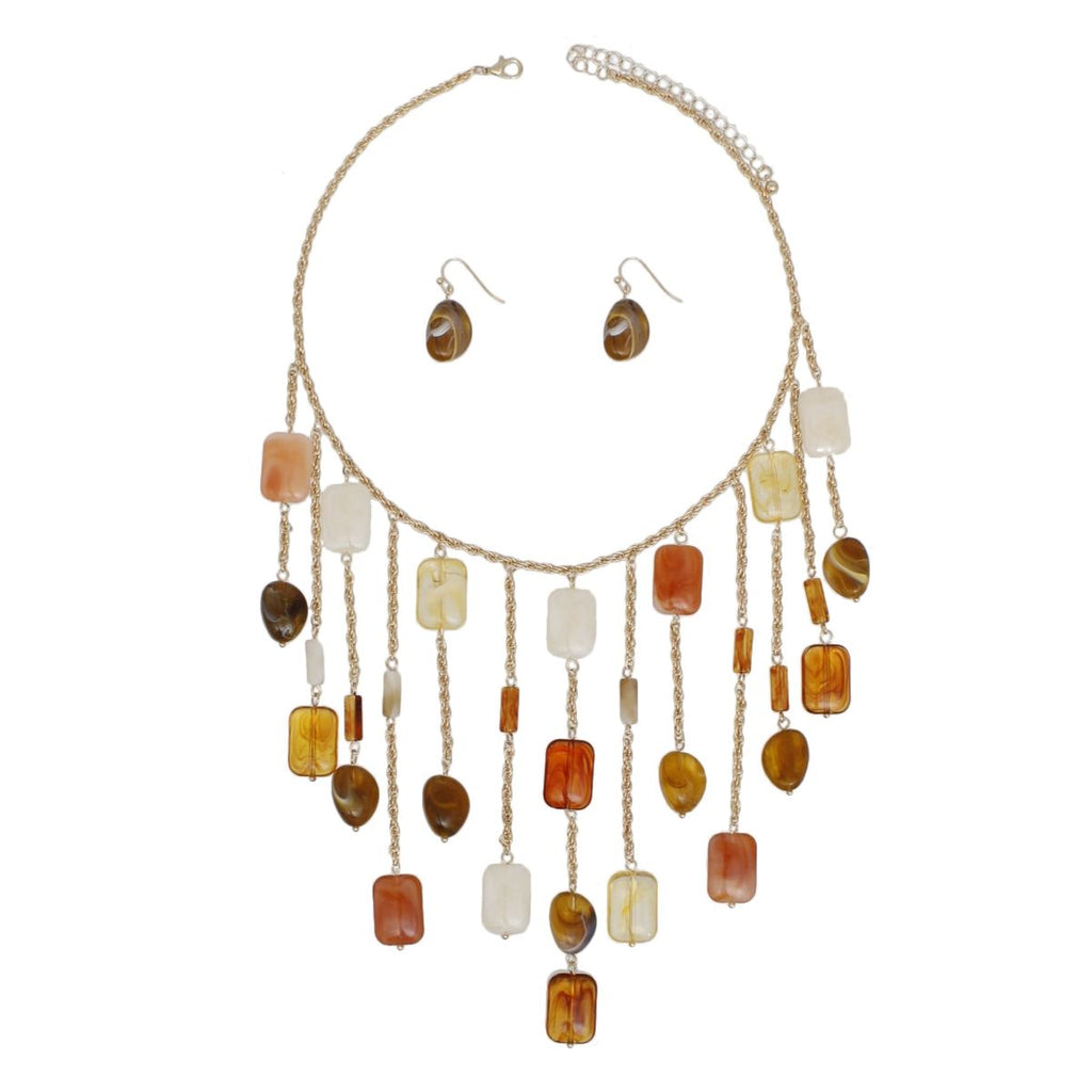 Marble Acrylic Bead Bib Necklace, Multicolor Drop Beads, Statement Set