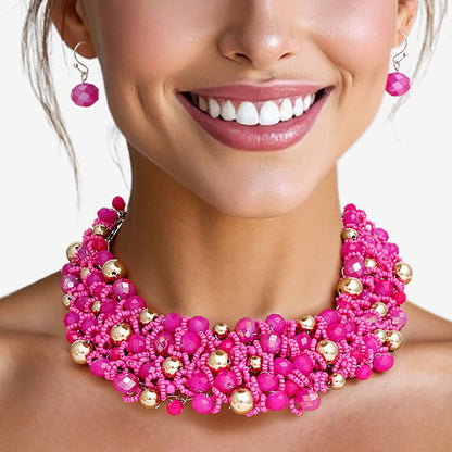 Artistic Fuchsia & Gold Acrylic Glass Bead Bib Choker Necklace Set – Silver Finish, Matching Earrings Pinktown