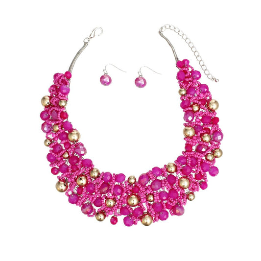 Artistic Fuchsia & Gold Acrylic Glass Bead Bib Choker Necklace Set – Silver Finish, Matching Earrings Pinktown