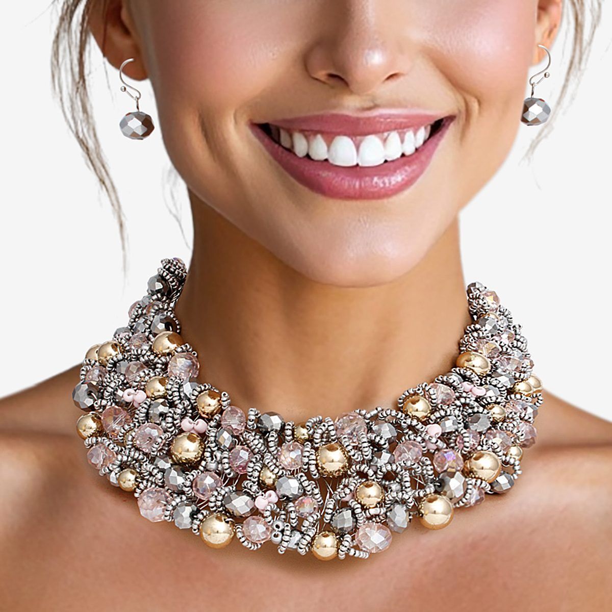Artistic Light Pink Silver & Gold Acrylic Glass Bead Bib Choker Necklace Set – Silver Finish, Matching Earrings Pinktown