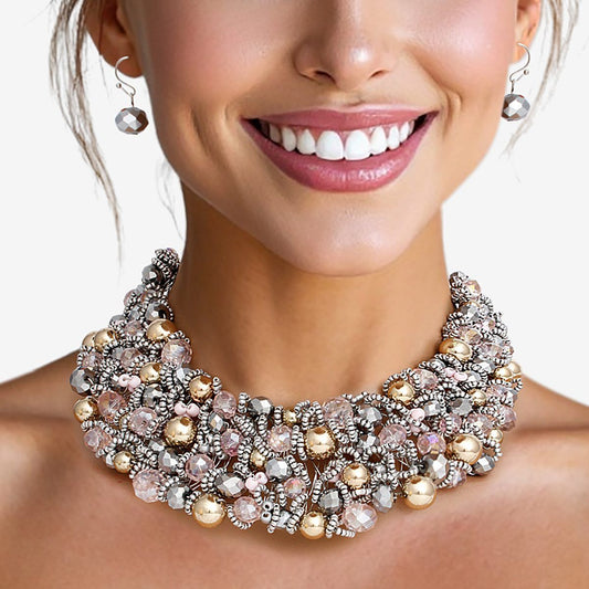 Artistic Light Pink Silver & Gold Acrylic Glass Bead Bib Choker Necklace Set – Silver Finish, Matching Earrings Pinktown