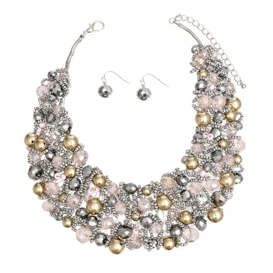 Artistic Light Pink Silver & Gold Acrylic Glass Bead Bib Choker Necklace Set – Silver Finish, Matching Earrings Pinktown