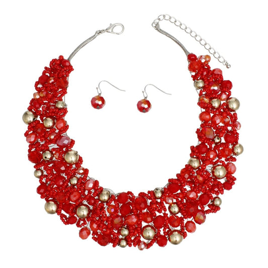 Artistic Red & Gold Acrylic Glass Bead Bib Choker Necklace Set – Silver Finish, Matching Earrings Pinktown