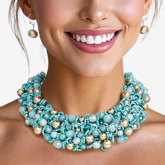 Artistic Turquoise & Gold Acrylic Glass Bead Bib Choker Necklace Set – Silver Finish, Matching Earrings Pinktown