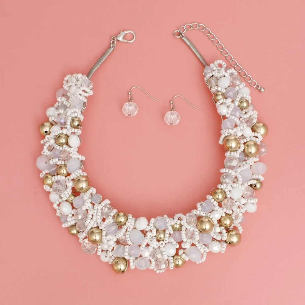 Artistic White & Gold Acrylic Glass Bead Bib Choker Necklace Set – Silver Finish, Matching Earrings