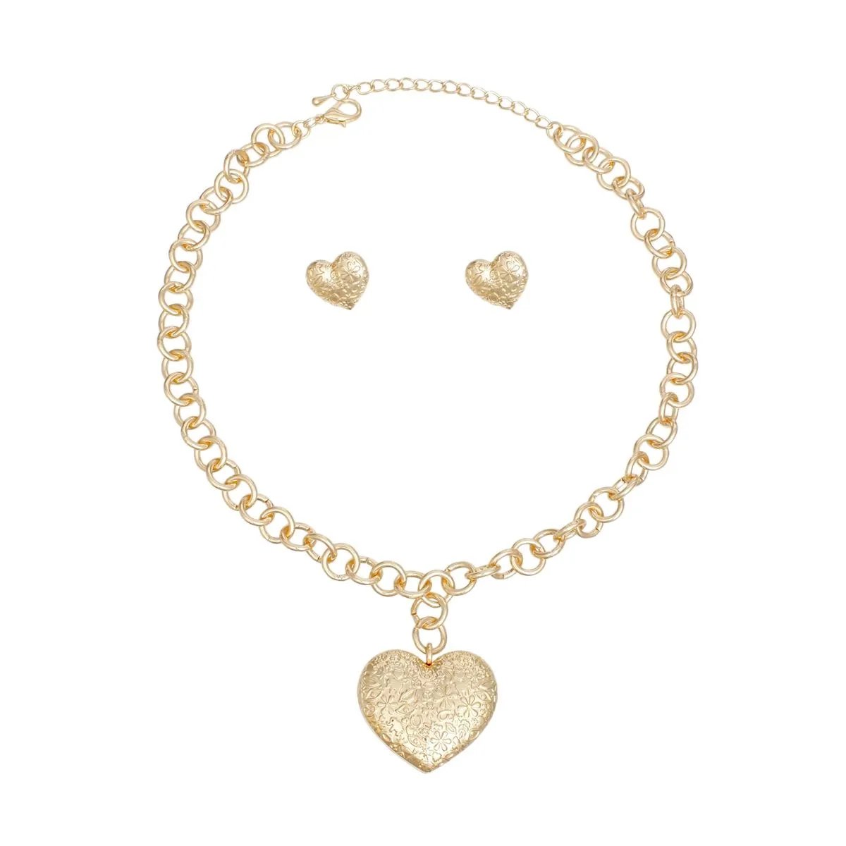 Gold Tone Chunky Link Chain Necklace with Puffy Heart Pendant and Matching Earrings