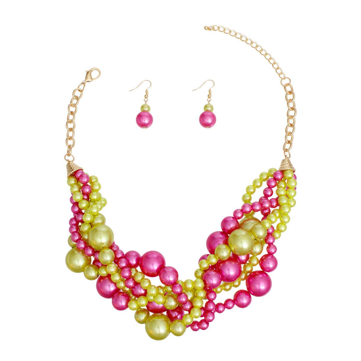 Pearl Necklace Pink Lime 5 Twisted Set for Women
