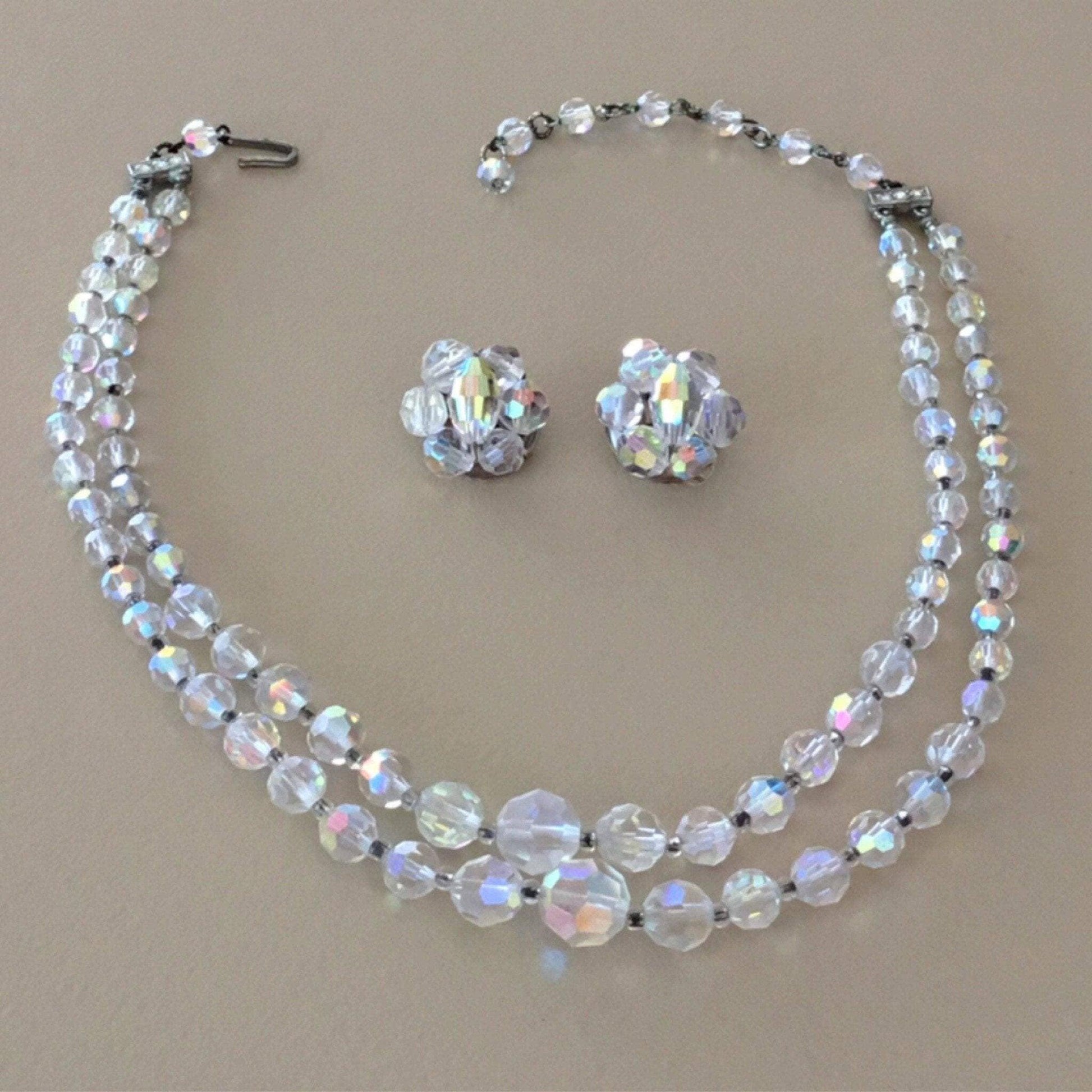 Vintage Aurora Borealis cluster earrings bead necklace set