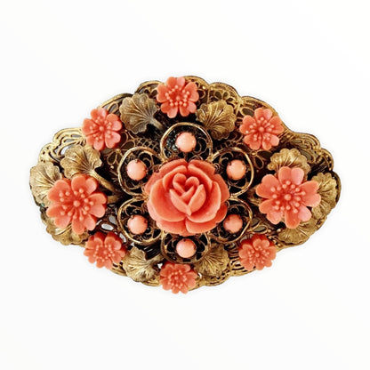 Vintage Celluloid Coral Color Flower Brooch
