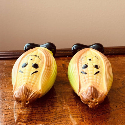 Vintage Ceramic Shakers Corn Cobs with Faces and Black Shoes