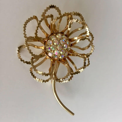 Vintage costume jewelry rhinestone flower brooch earrings set