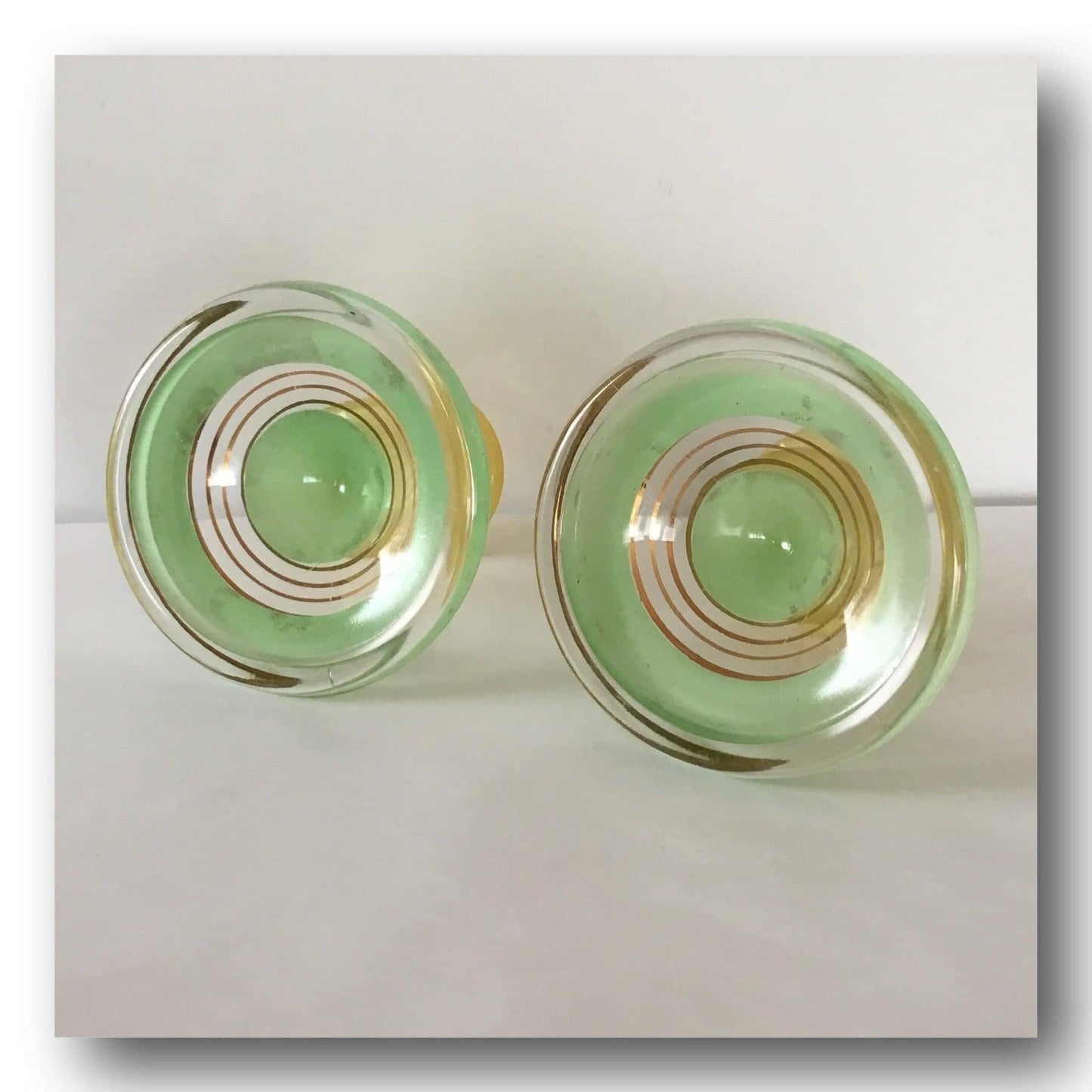 Vintage glass candlesticks holders green yellow gold bands