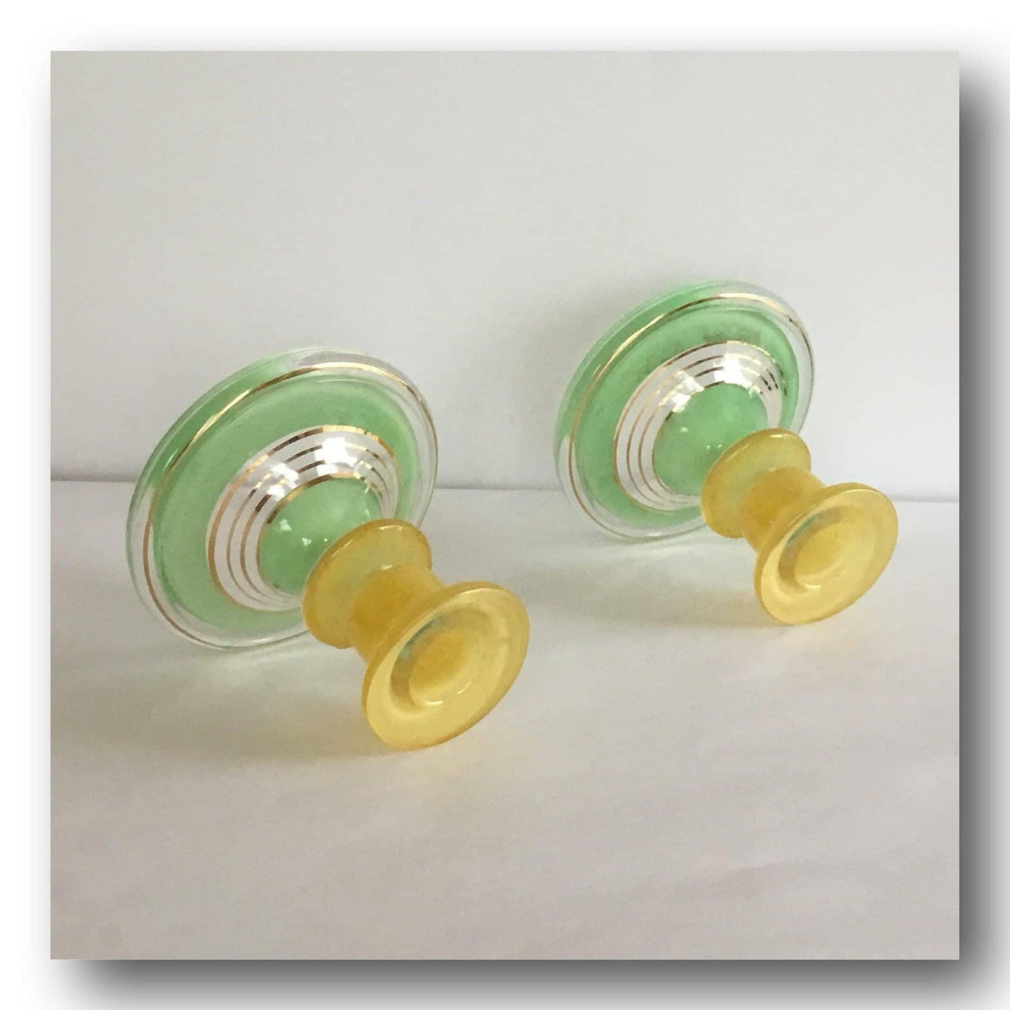 Vintage glass candlesticks holders green yellow gold bands