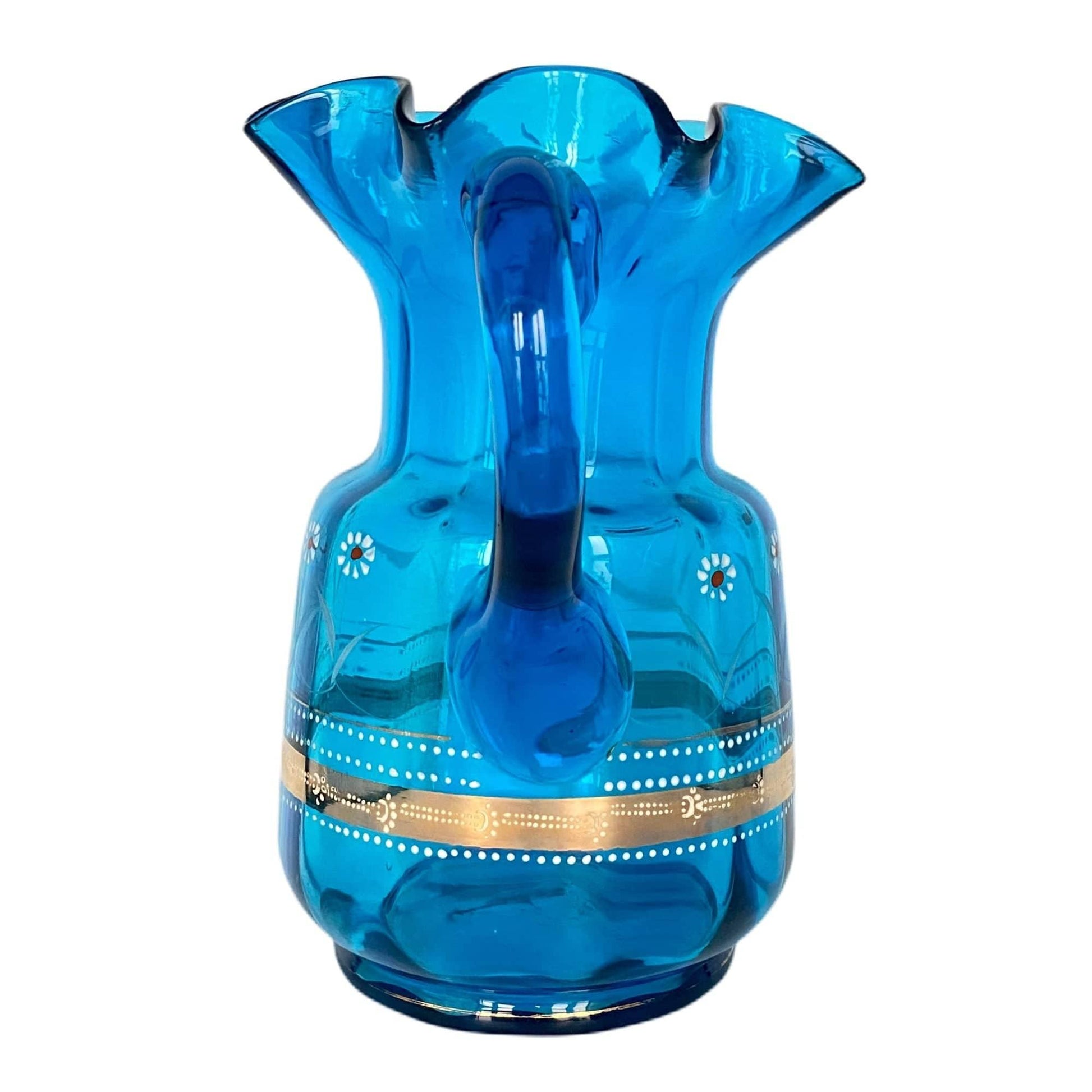 Vintage Glass Pitcher Vase Peacock Blue Beautifully Embellished