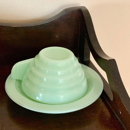 Vintage Milk Jadeite Glass Demitasse Teacup Saucer Set Art Deco Design