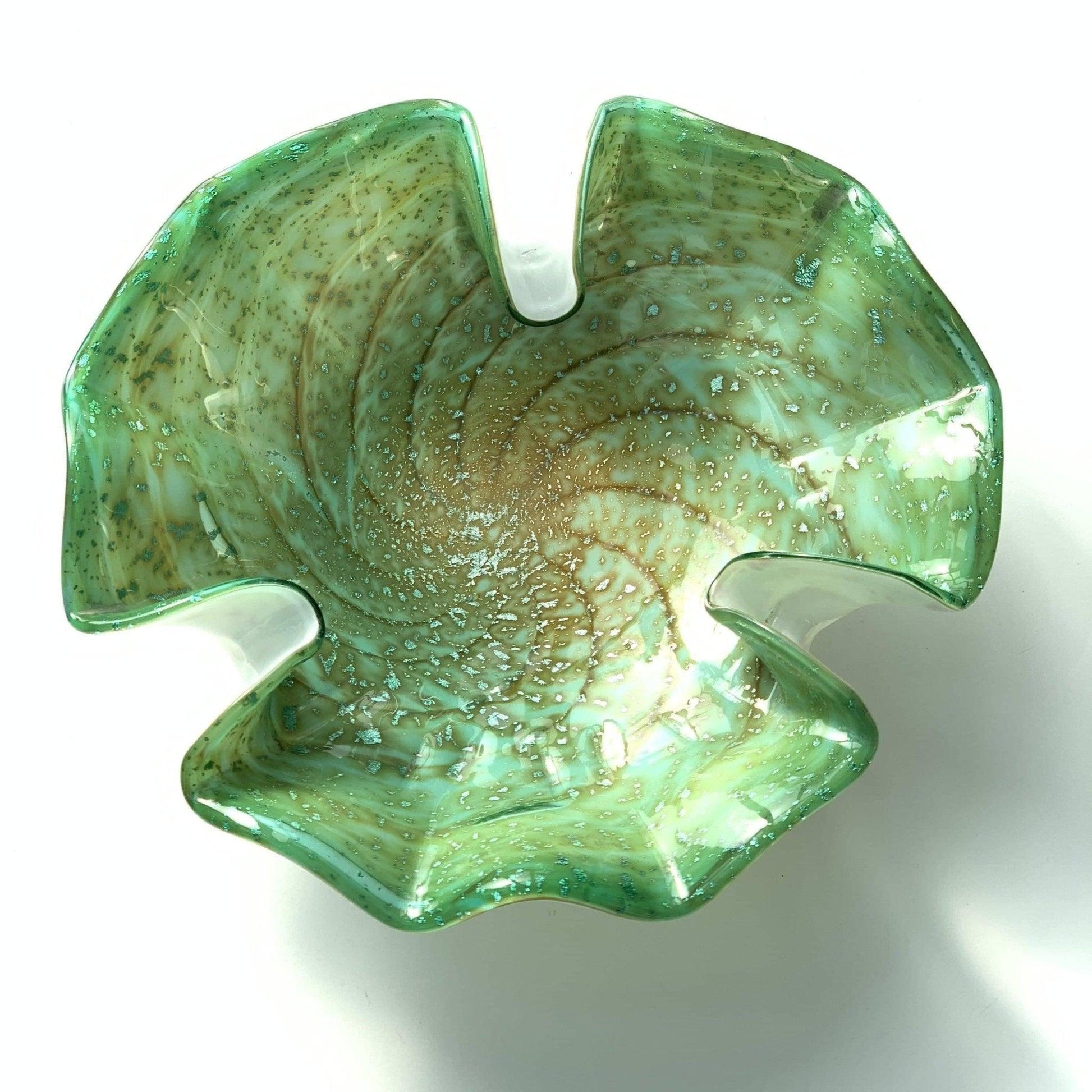 Vintage Murano Glass Bowl Green with Amber Swirl & White Cased