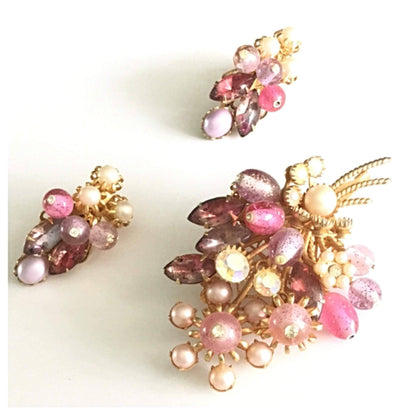 Vintage pink mauve ab clear rhinestone brooch, earrings set