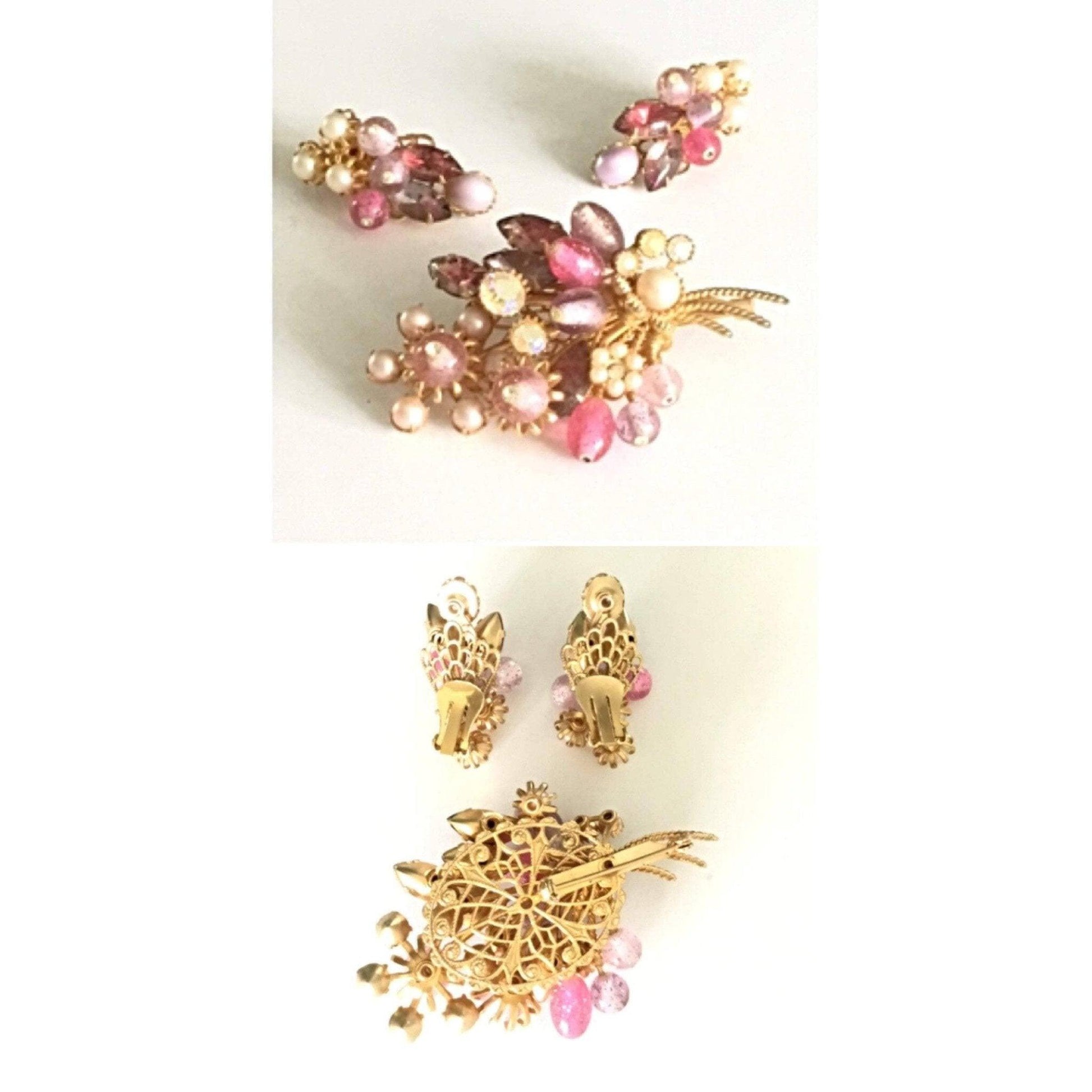 Vintage pink mauve ab clear rhinestone brooch, earrings set