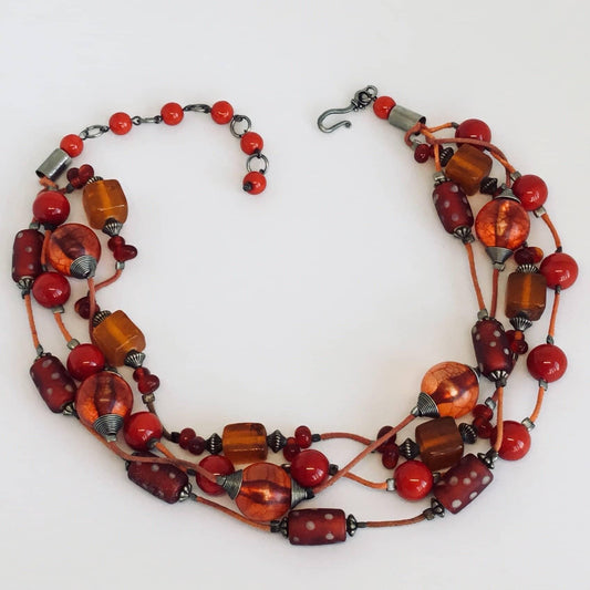 Vintage vibrant glass bead multistrand torsade necklace - Jewelry Bubble