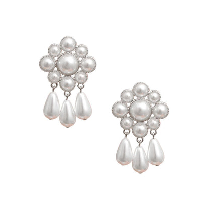 White Faux Pearl Drops Earrings Silver Plated