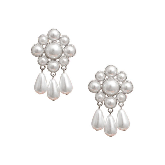White Faux Pearl Drops Earrings Silver Plated