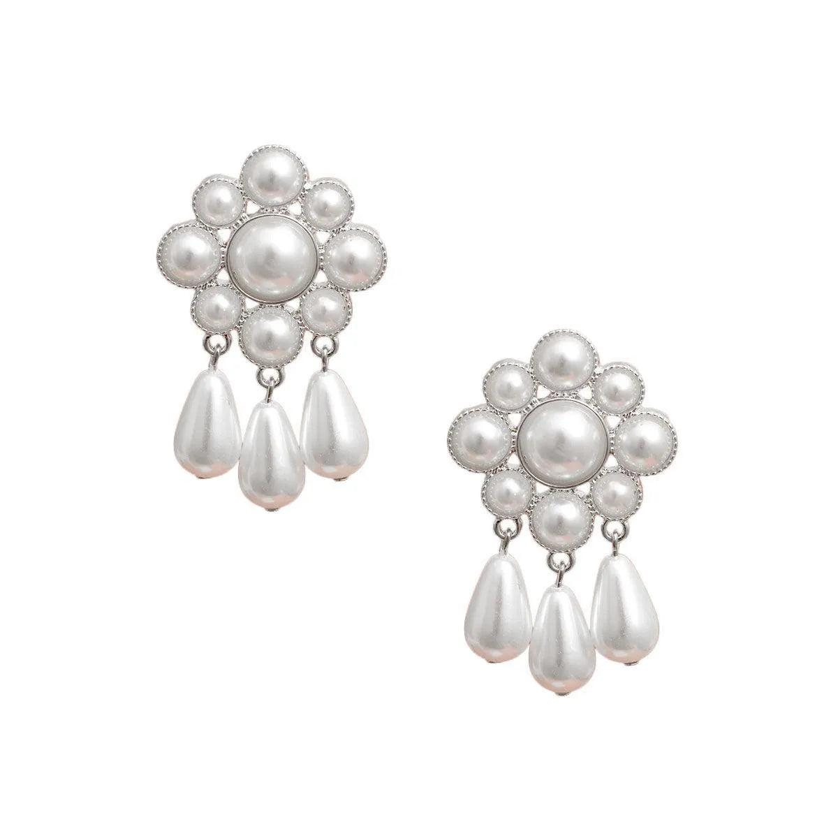 White Faux Pearl Drops Earrings Silver Plated