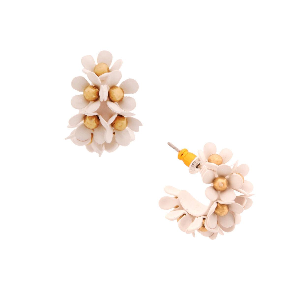White Flower Open Hoop Earrings Gold Tone Detail