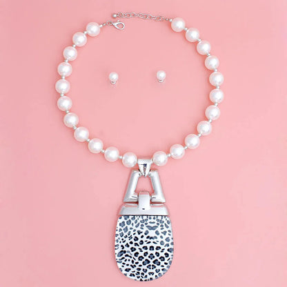 White Pearl Necklace with a Silver Leopard Print Lock Pendant and Matching Stud Earrings | Fashion Jewelry