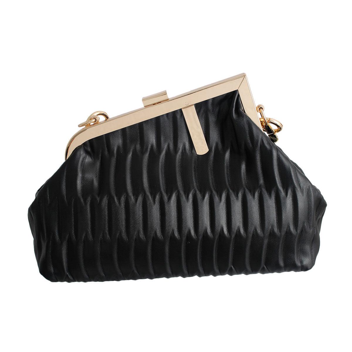Women's Black Ribbed Angled Frame Clutch Bag