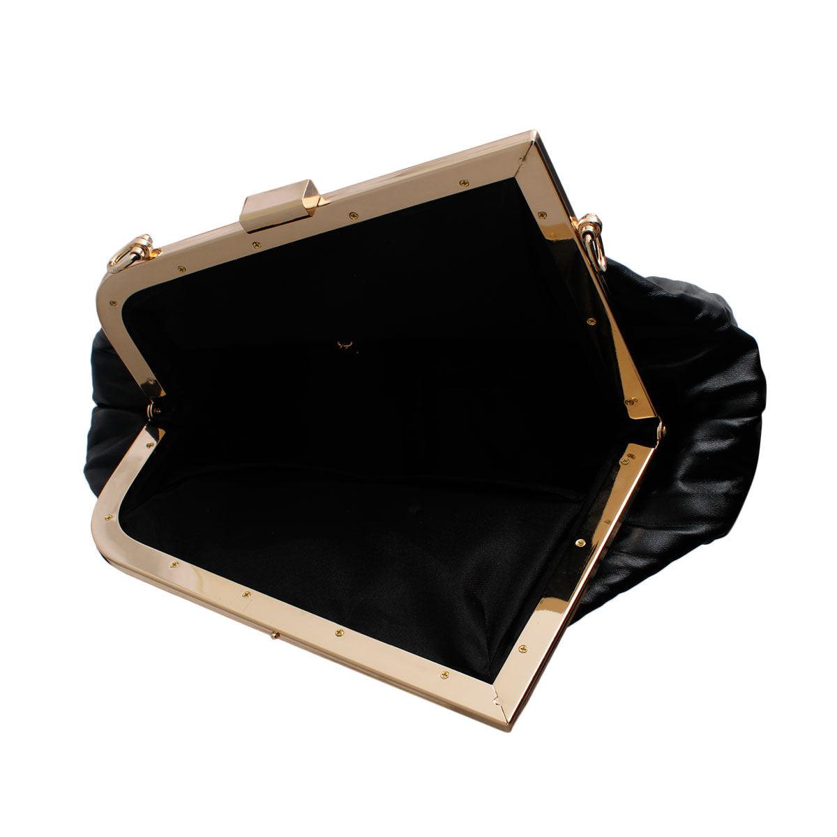 Women's Black Ribbed Angled Frame Clutch Bag