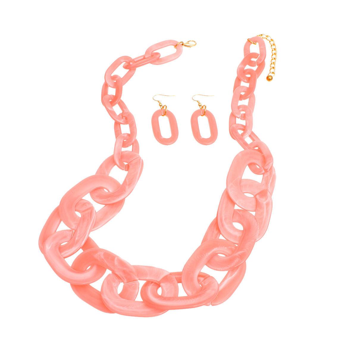 Women's Pink-white Chain-link Jewelry Set – A Must-Have Necklace, Earrings for Fashion Lovers!