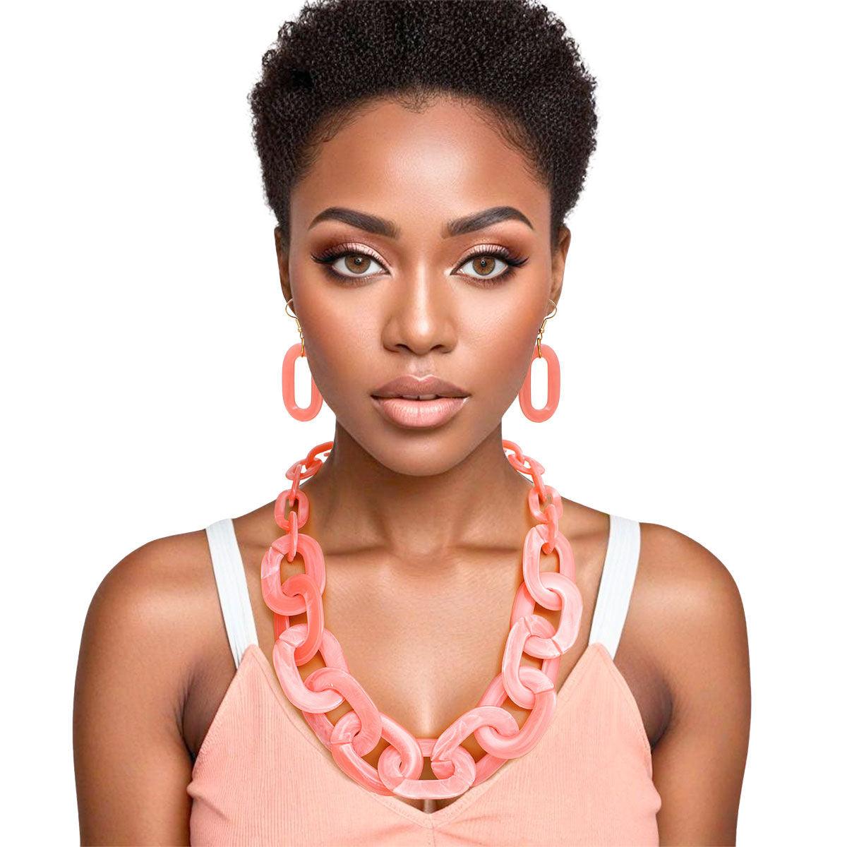 Women's Pink-white Chain-link Jewelry Set – A Must-Have Necklace, Earrings for Fashion Lovers!
