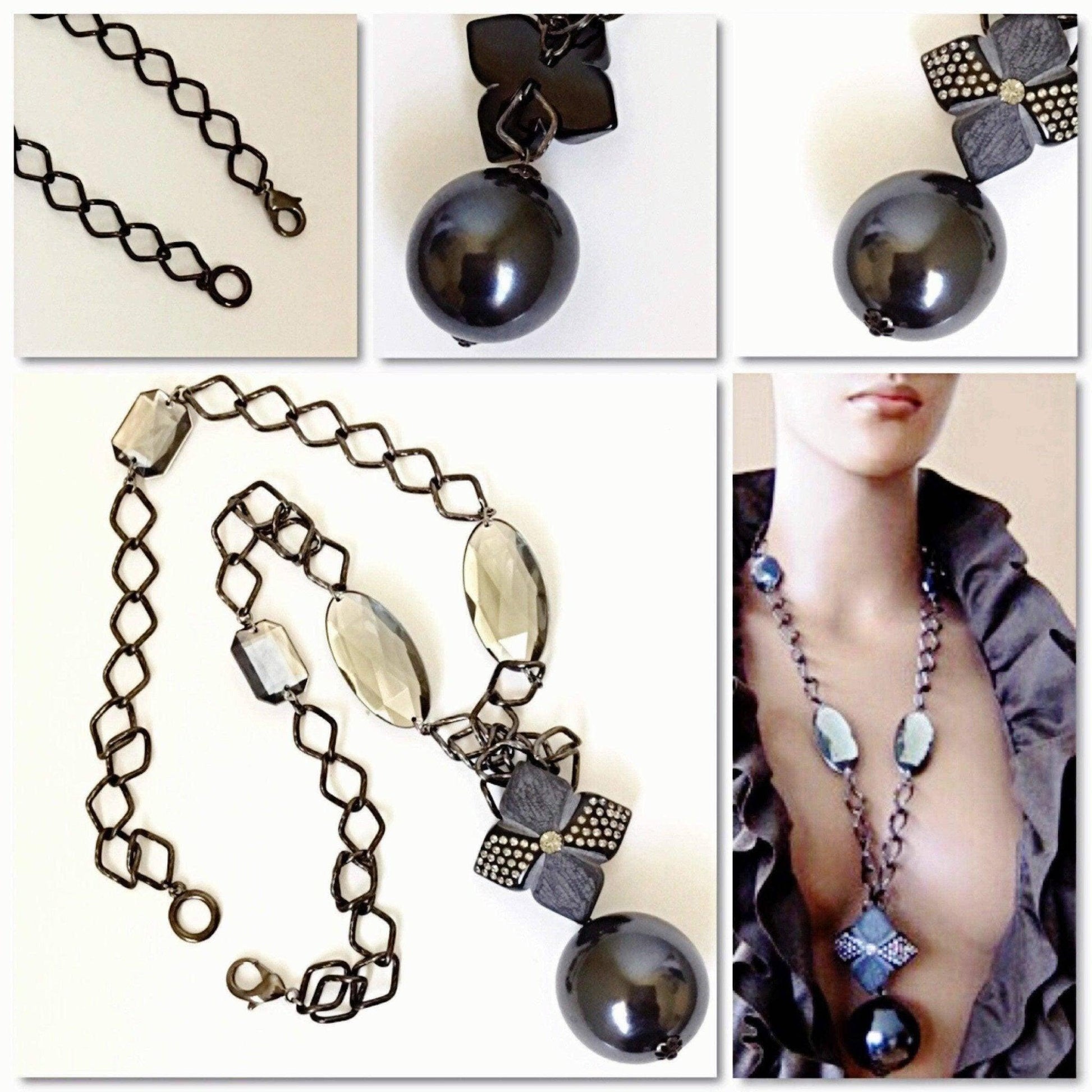 Womens fashion forward black ball pendant chain necklace