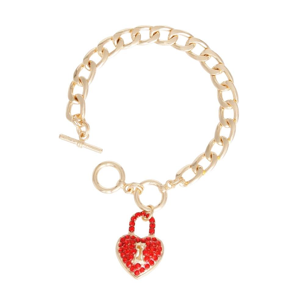 Yellow Gold Plated Chain Bracelet w/ Red Lock Heart Charm