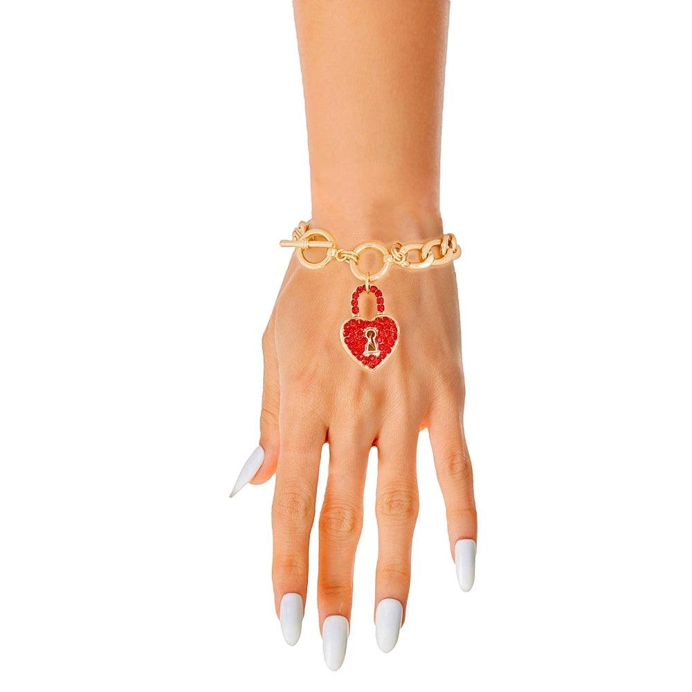 Yellow Gold Plated Chain Bracelet w/ Red Lock Heart Charm